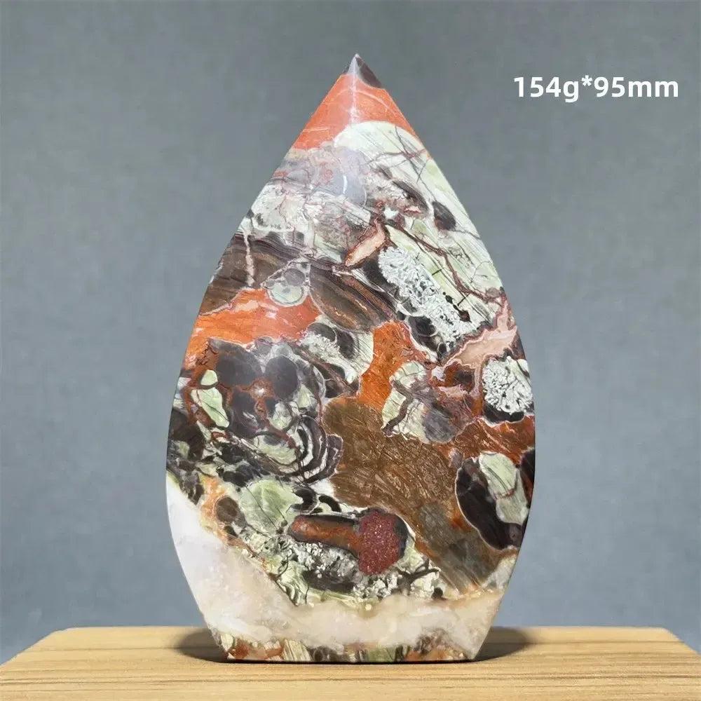 Polished Moss Agate freeform torch from Crystal Destiny, featuring vibrant green, red, and brown dendritic inclusions.