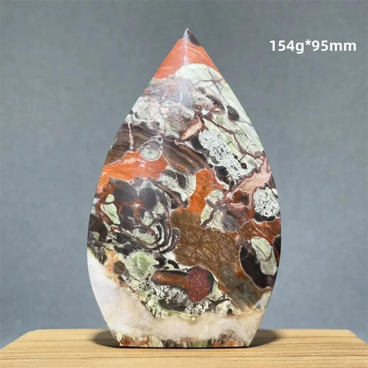 Polished Moss Agate freeform torch from Crystal Destiny, featuring vibrant green, red, and brown dendritic inclusions.