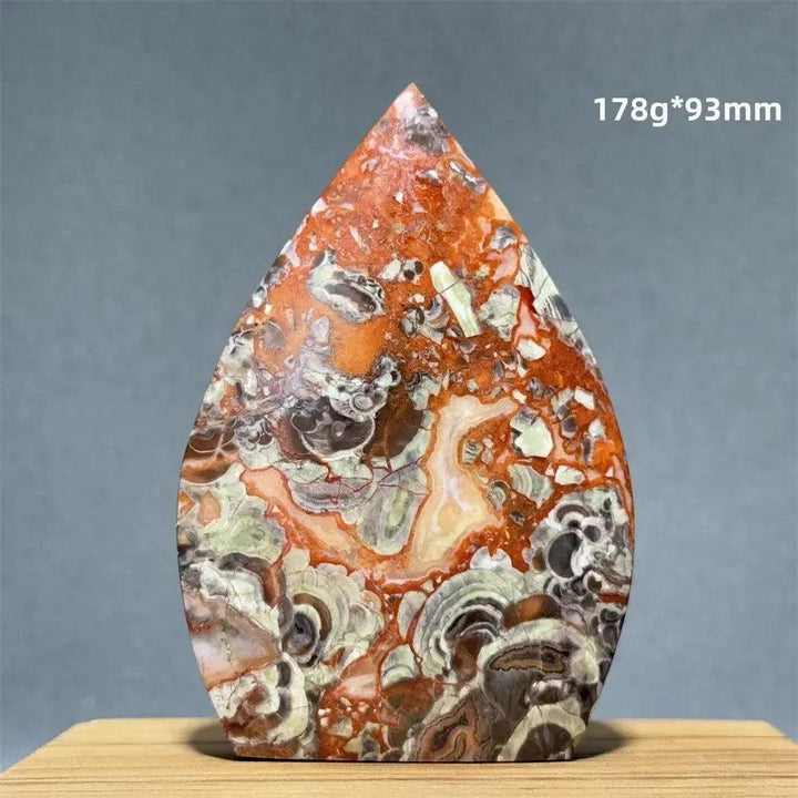Red and white moss agate freeform torch from Crystal Destiny, 178g, 93mm, with natural dendritic patterns.