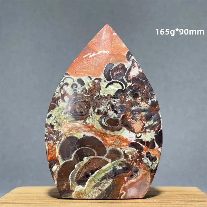 Natural Moss Agate freeform torch from Crystal Destiny, featuring green dendritic inclusions and earthy tones.