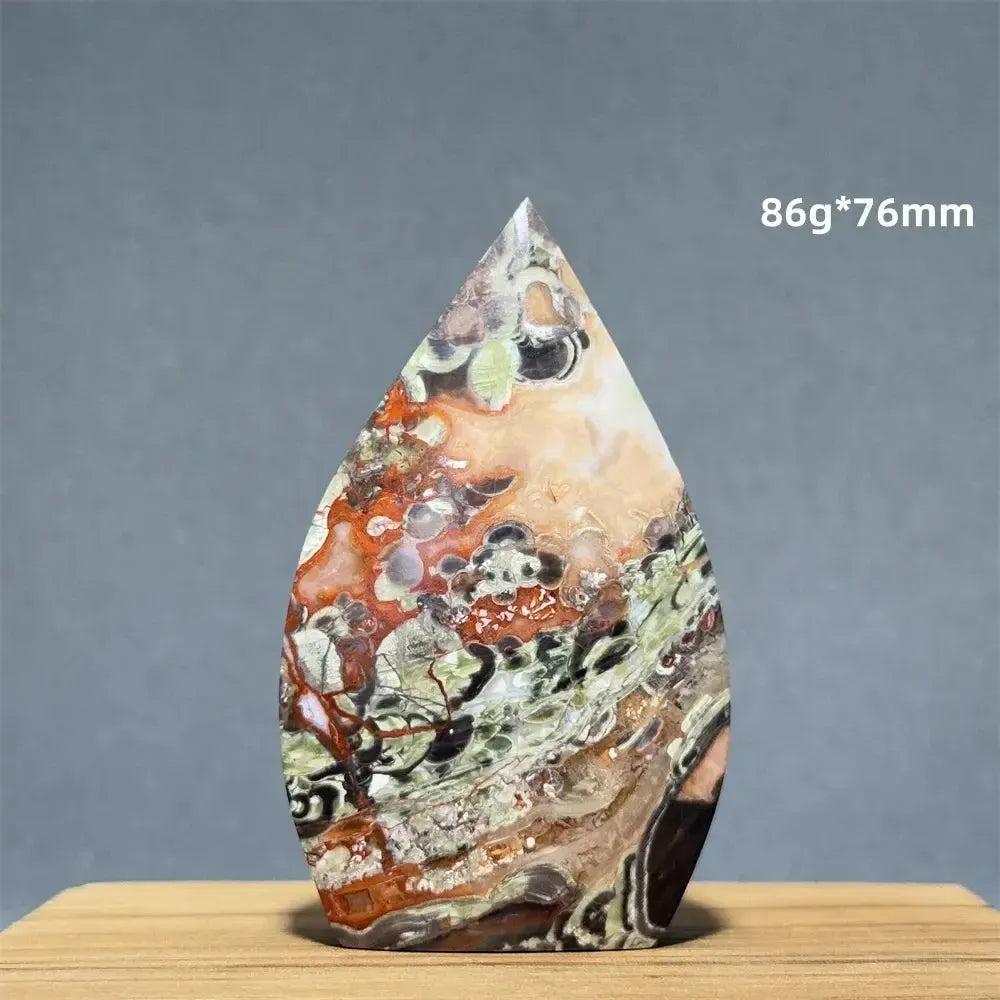 Moss Agate freeform torch from Crystal Destiny, 86g*76mm, with green dendritic inclusions and natural upward energy flow.