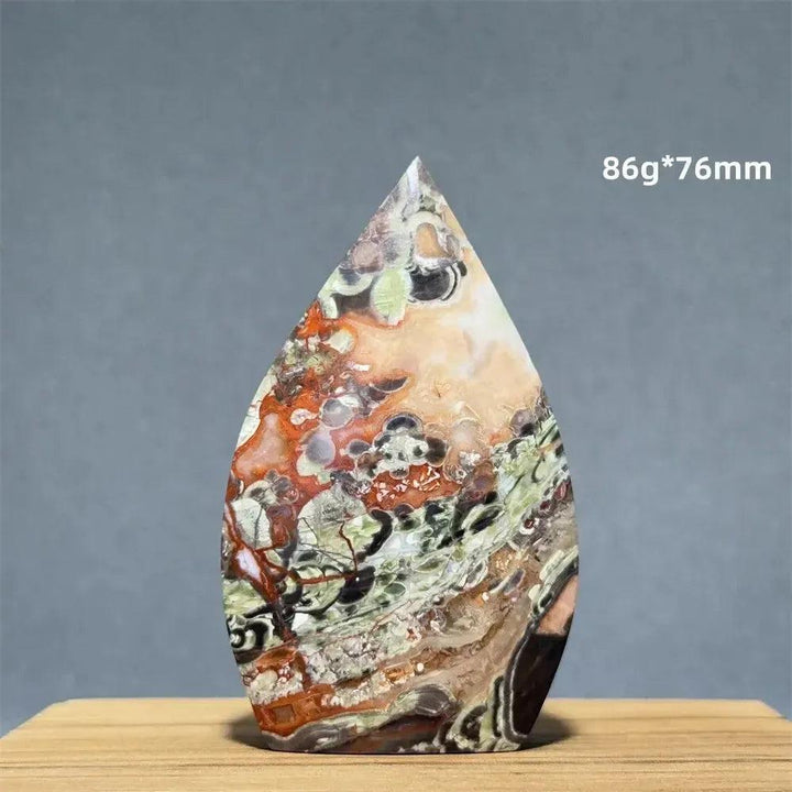 Moss Agate freeform torch from Crystal Destiny, 86g*76mm, with green dendritic inclusions and natural upward energy flow.