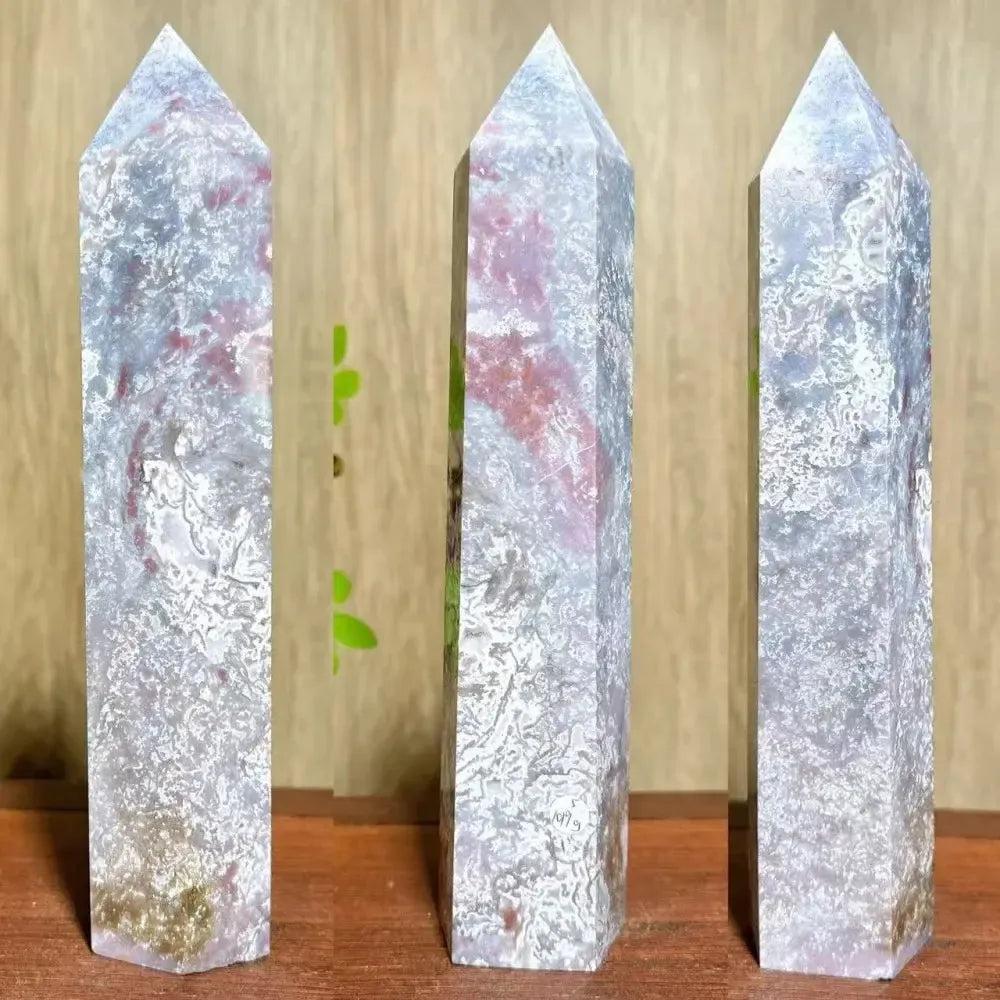 Moss Agate Ocean Jasper Crystal Tower: Polished, pointed tower with white, pink, and green inclusions, promoting growth and joy.