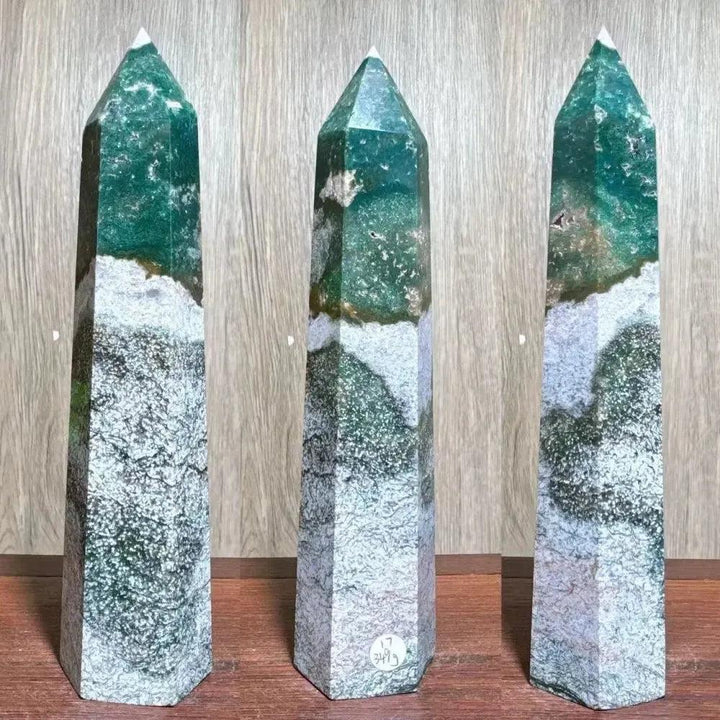 Polished Moss Agate Ocean Jasper Symbiosis Crystal Tower, a natural geological wonder with lush green and vivid orb patterns.