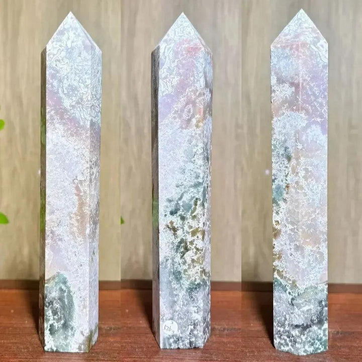 Moss Agate Ocean Jasper Crystal Tower: Polished, tall, white, green, and pink crystal tower with druzy pockets.