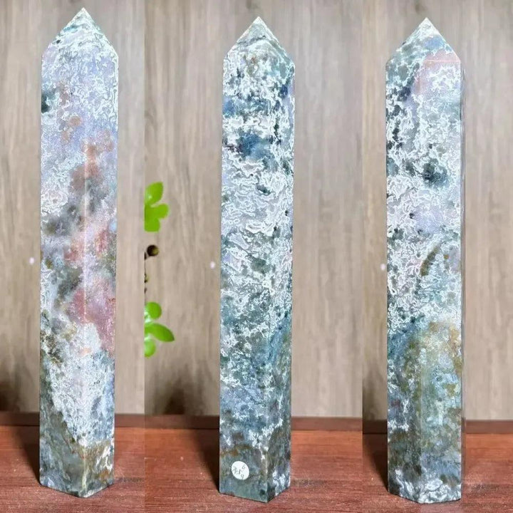 Moss Agate Ocean Jasper Crystal Tower: Polished, tall crystal with green, white, and pink inclusions, promoting growth and joy.