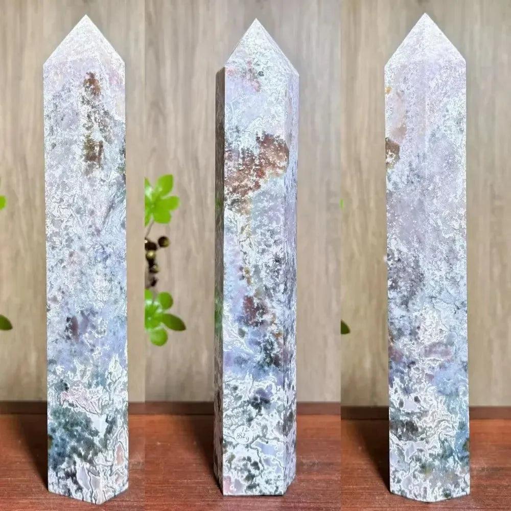 Moss Agate Ocean Jasper Crystal Tower: Polished, tall, hexagonal tower with lush green, white, and purple inclusions.