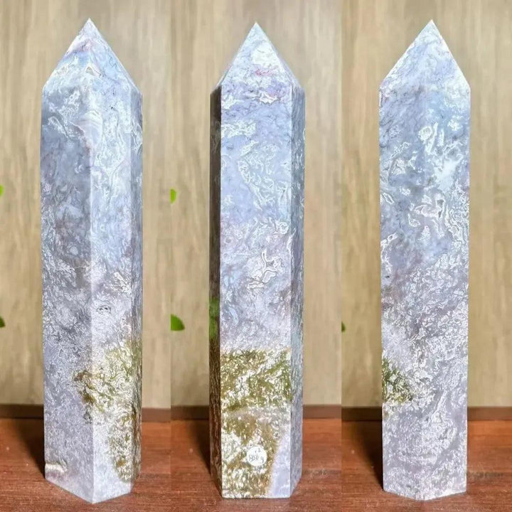 Polished Moss Agate Ocean Jasper Symbiosis Crystal Tower with lush green inclusions and vivid orbs.