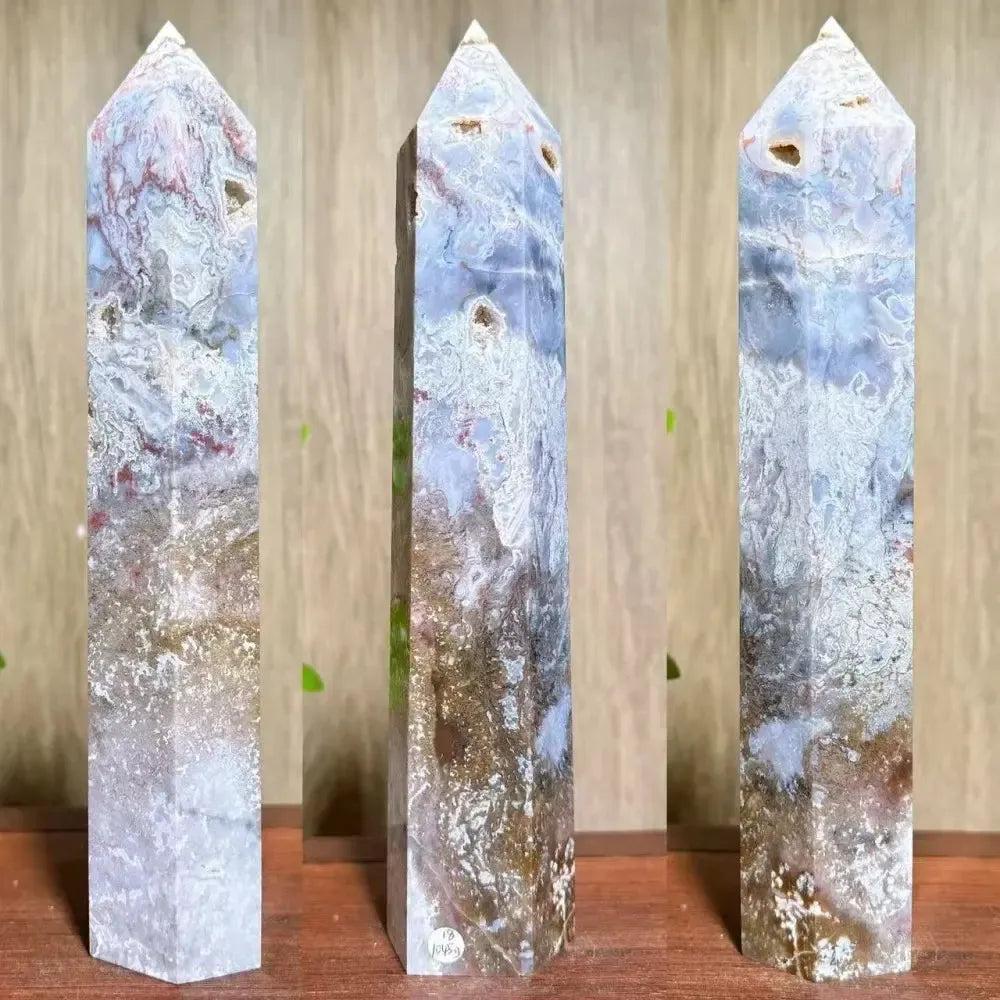 Polished Moss Agate Ocean Jasper Crystal Tower from Crystal Destiny, featuring white, brown, and red hues with druzy pockets.