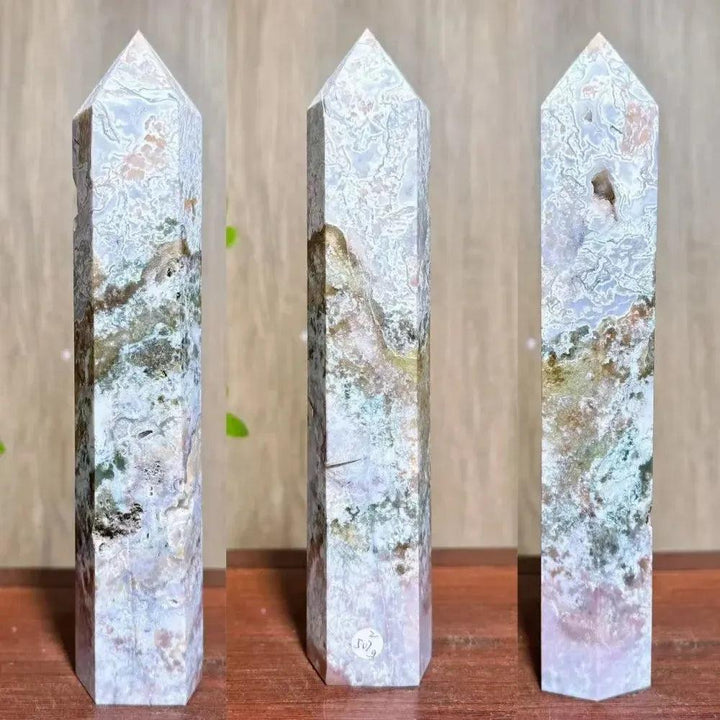 Polished Moss Agate Ocean Jasper crystal tower from Crystal Destiny, featuring green, white, and pink hues with druzy pockets.
