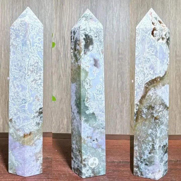 Moss Agate Ocean Jasper Crystal Tower from Crystal Destiny, showing unique green, white, and brown patterns.