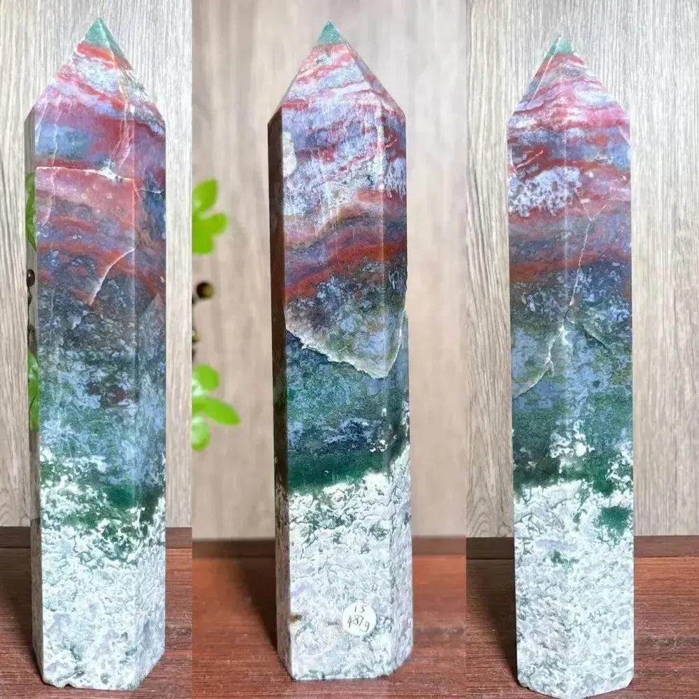 Moss Agate Ocean Jasper Crystal Destiny tower: vibrant green, red, and white polished crystal with druzy pockets.