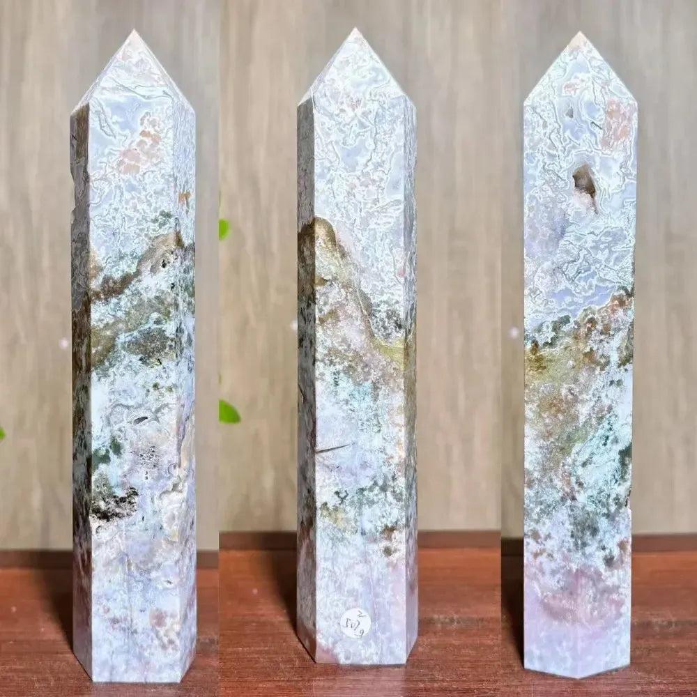 Polished Moss Agate Ocean Jasper crystal tower from Crystal Destiny, featuring green, white, and pink hues with druzy pockets.