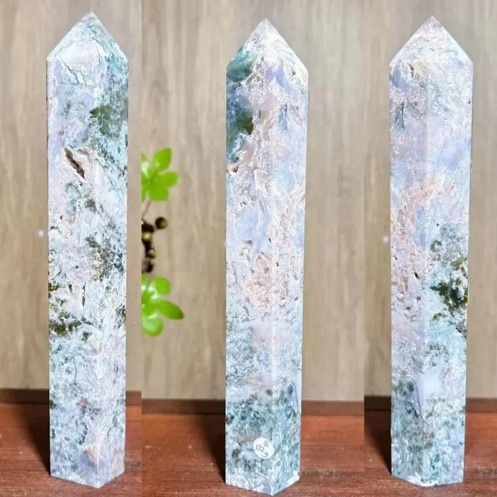 Polished Moss Agate Ocean Jasper Crystal Tower from Crystal Destiny, featuring green, white, and blue hues.