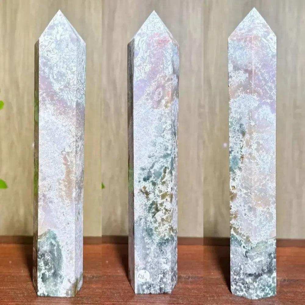 Polished Moss Agate Ocean Jasper crystal tower from Crystal Destiny, featuring green, white, and pink patterns.