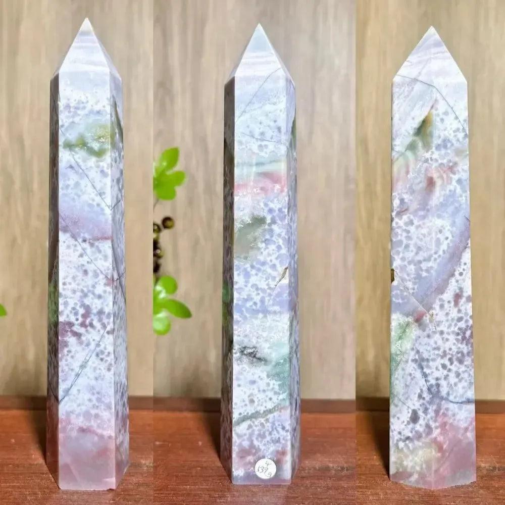 Moss Agate Ocean Jasper Crystal Tower from Crystal Destiny, showing green, purple, and white patterns.