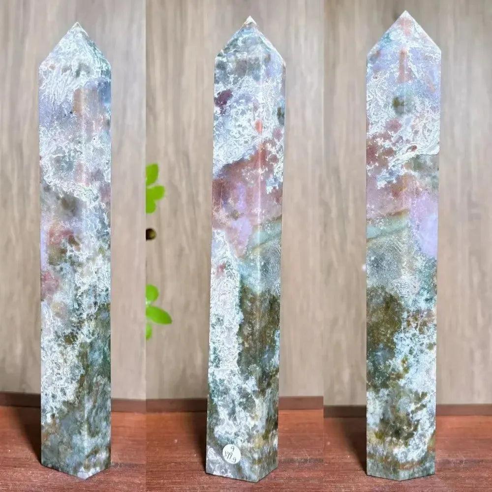Polished Moss Agate Ocean Jasper crystal tower from Crystal Destiny, featuring green, pink, and white inclusions.