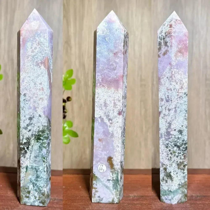 Polished Moss Agate Ocean Jasper Crystal Tower from Crystal Destiny, featuring green, purple, and white inclusions.