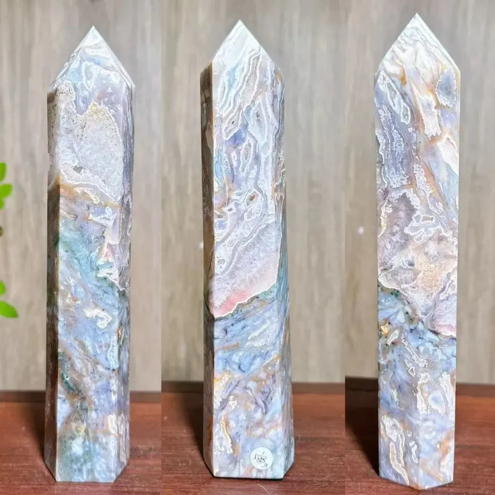 Moss Agate Ocean Jasper Crystal Tower-Towers-Ali-283g 153mm-Moss Agate + Ocean Jasper-Crystal Destiny