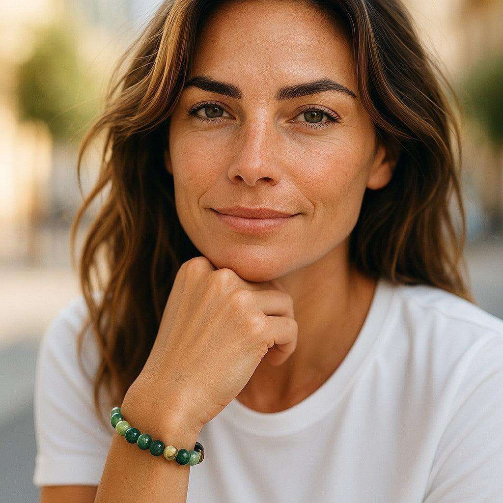 Moss Agate Stretch Bracelet-Bracelets-Crystal Destiny-Moss Agate-6.5"-10mm-Crystal Destiny