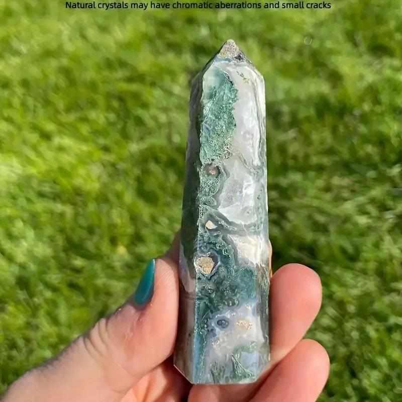 Polished moss agate hexagonal tower with green, plant-like inclusions for heart chakra growth and natural beauty.