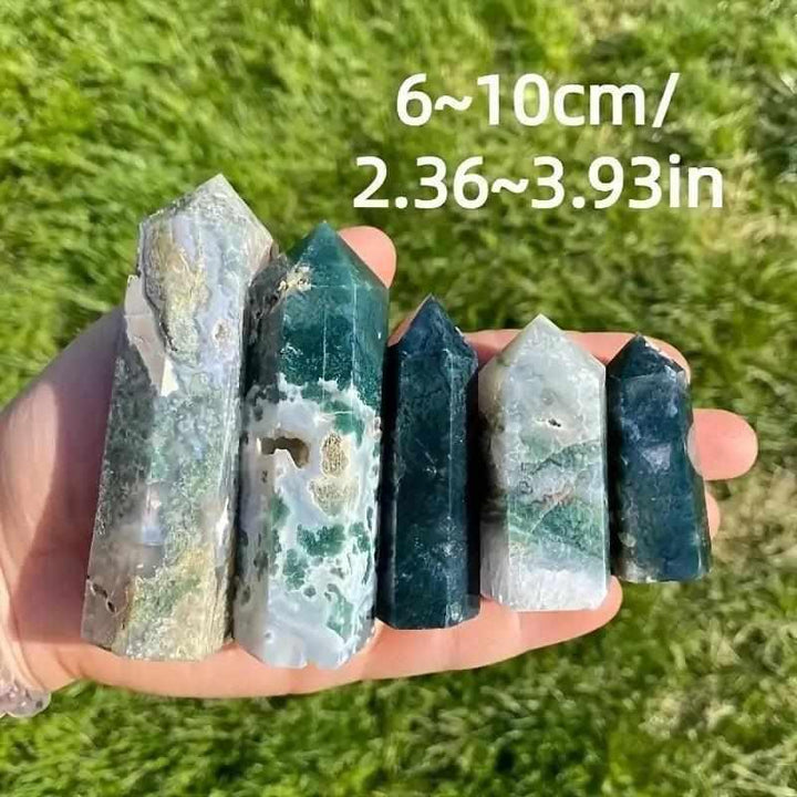 Polished hexagonal Moss Agate towers featuring green plant-like inclusions, ranging from 60-100mm for heart chakra healing.