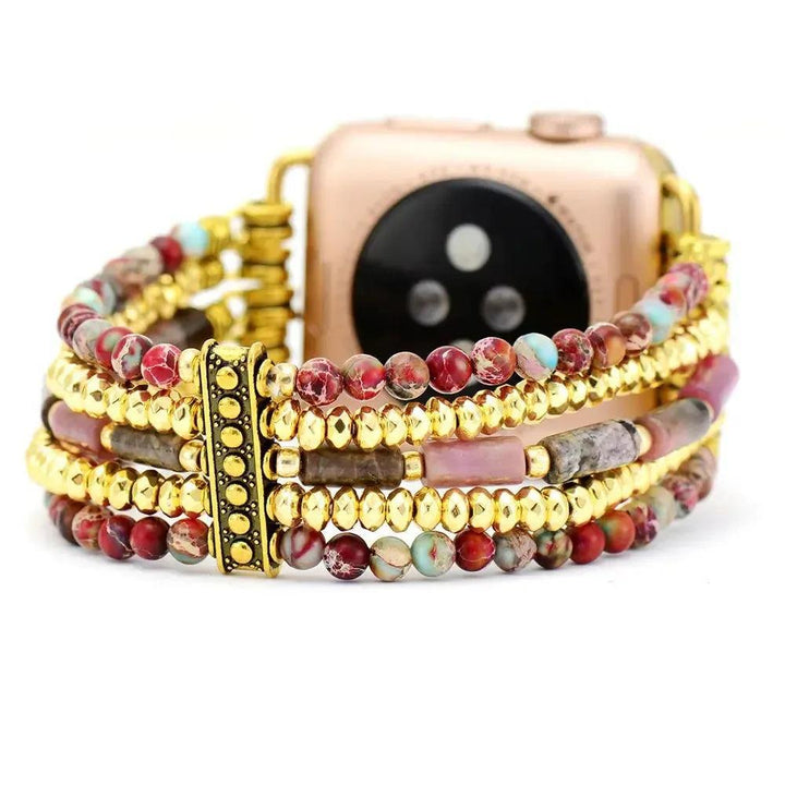 Multi-layer Jasper Apple iWatch band by Crystal Destiny, featuring red, blue, and gold stone beads with a gold clasp.