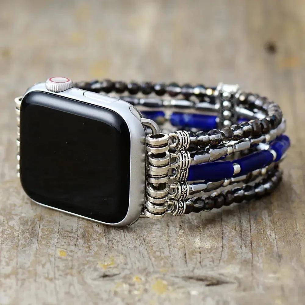 Multi-layer blue Jasper Apple iWatch band by Crystal Destiny, featuring natural stone beads and silver accents.