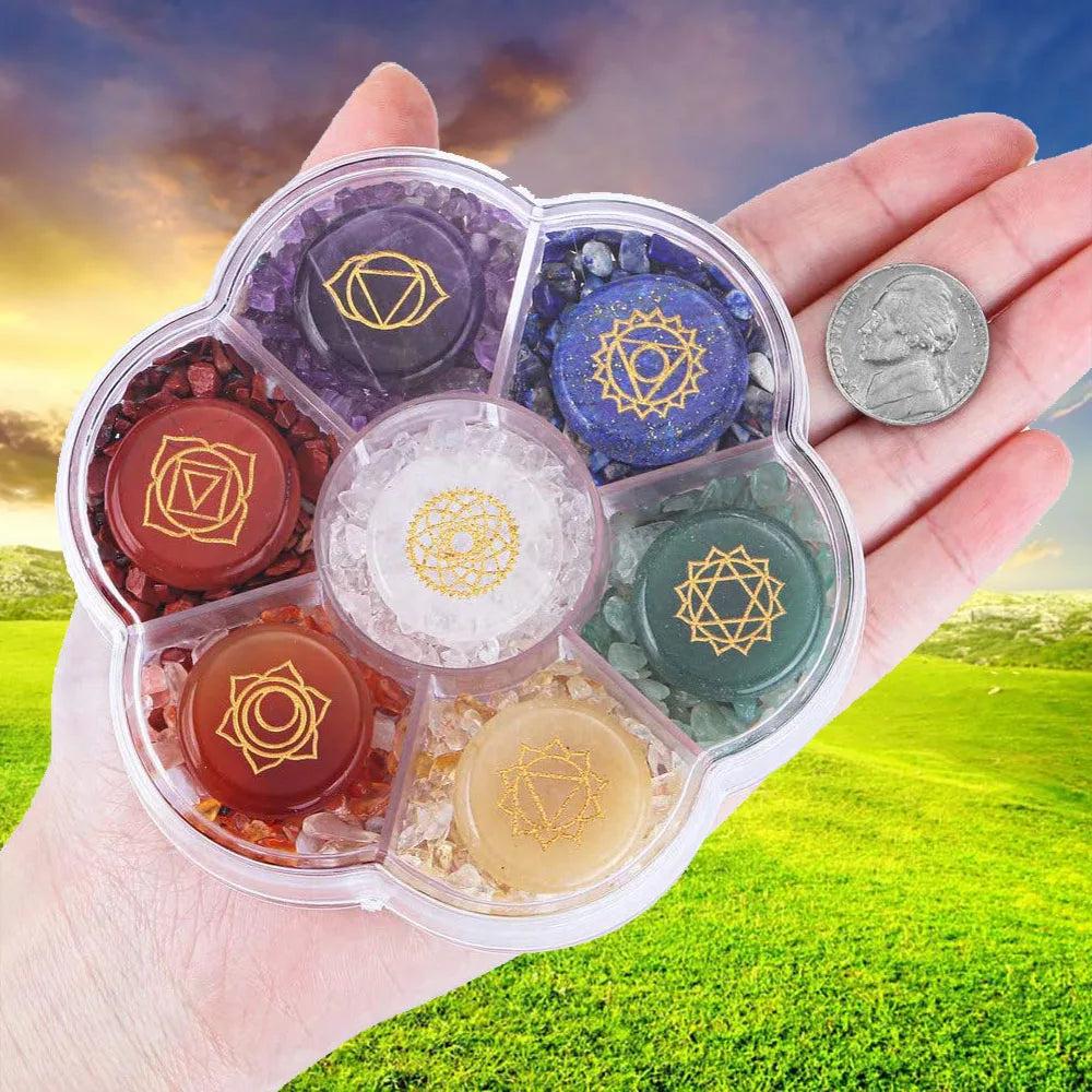 Natural 7 Chakra crystal coin and chip set with engraved symbols for meditation, energy healing, and spiritual balance.