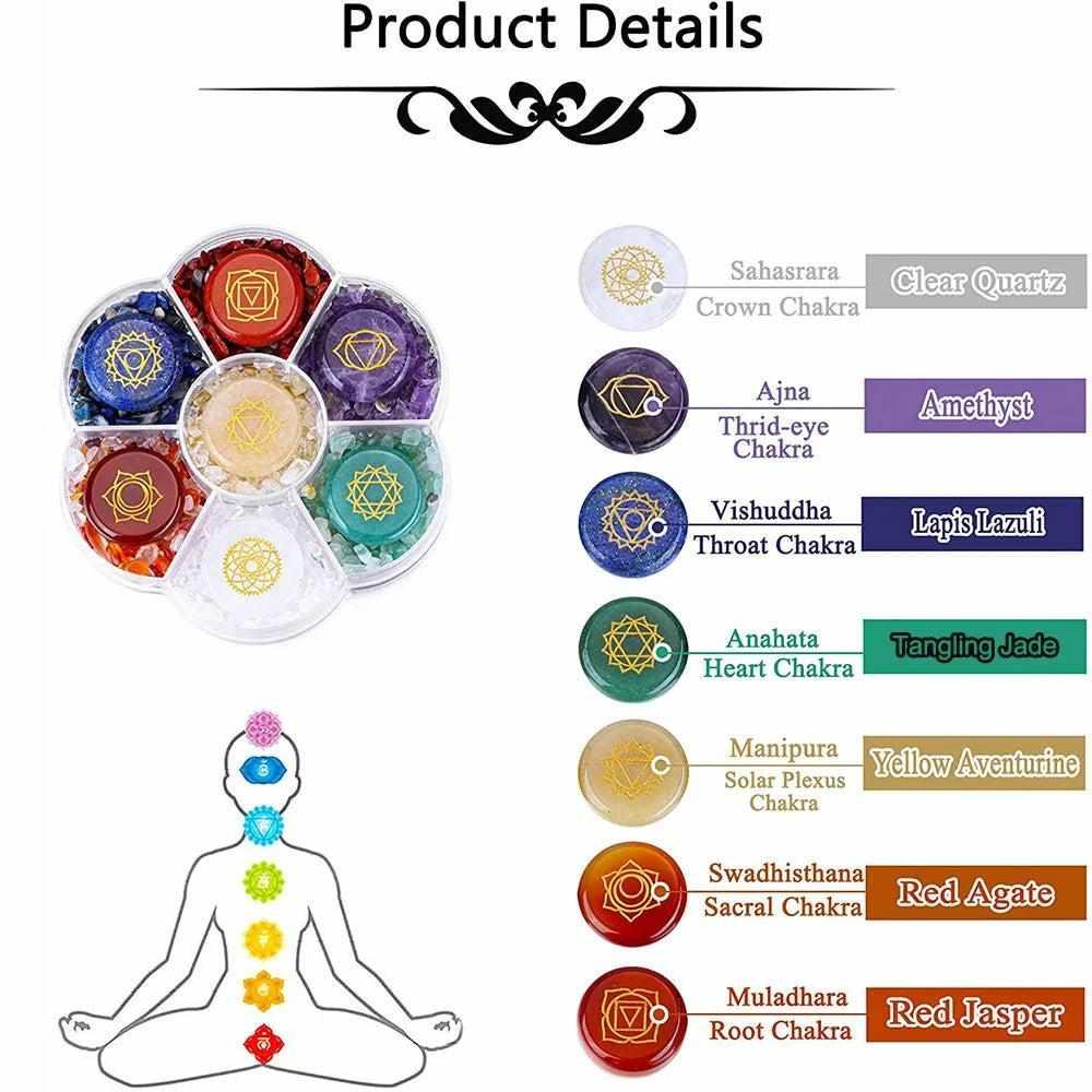 7 Chakra engraved crystal coin and chip set featuring polished stones like Amethyst and Red Jasper for energy balancing.