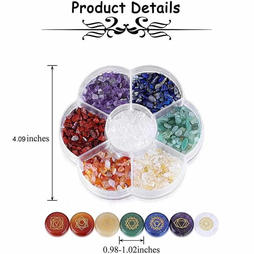 7 Chakra crystal coin and chip set with engraved stones for meditation, healing, and balancing energy centers.