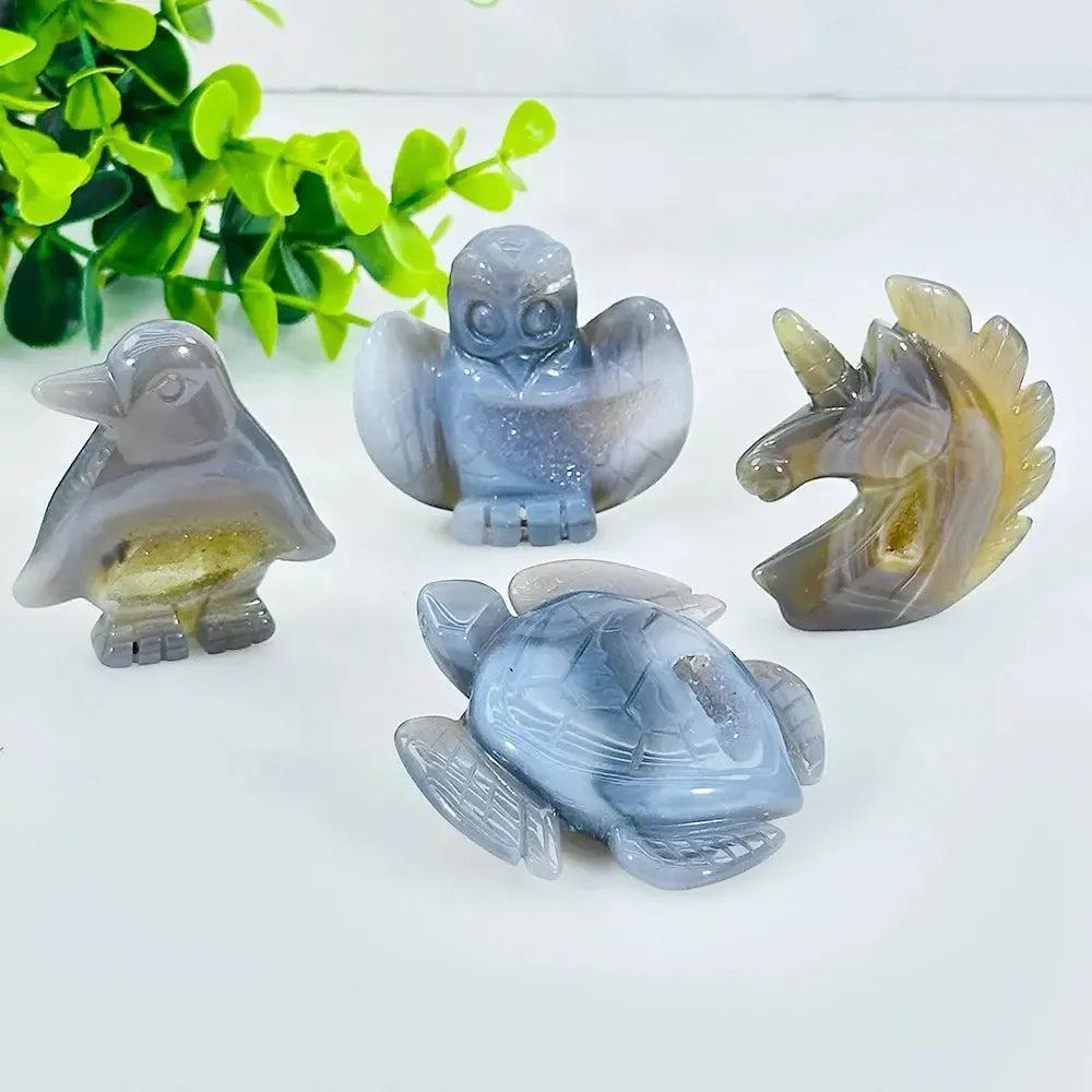 Natural Agate Animal Crystal Carving | Turtle, Penguin, Unicorn & Owl
