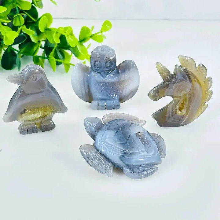 Natural Agate Animal Crystal Carving | Turtle, Penguin, Unicorn & Owl
