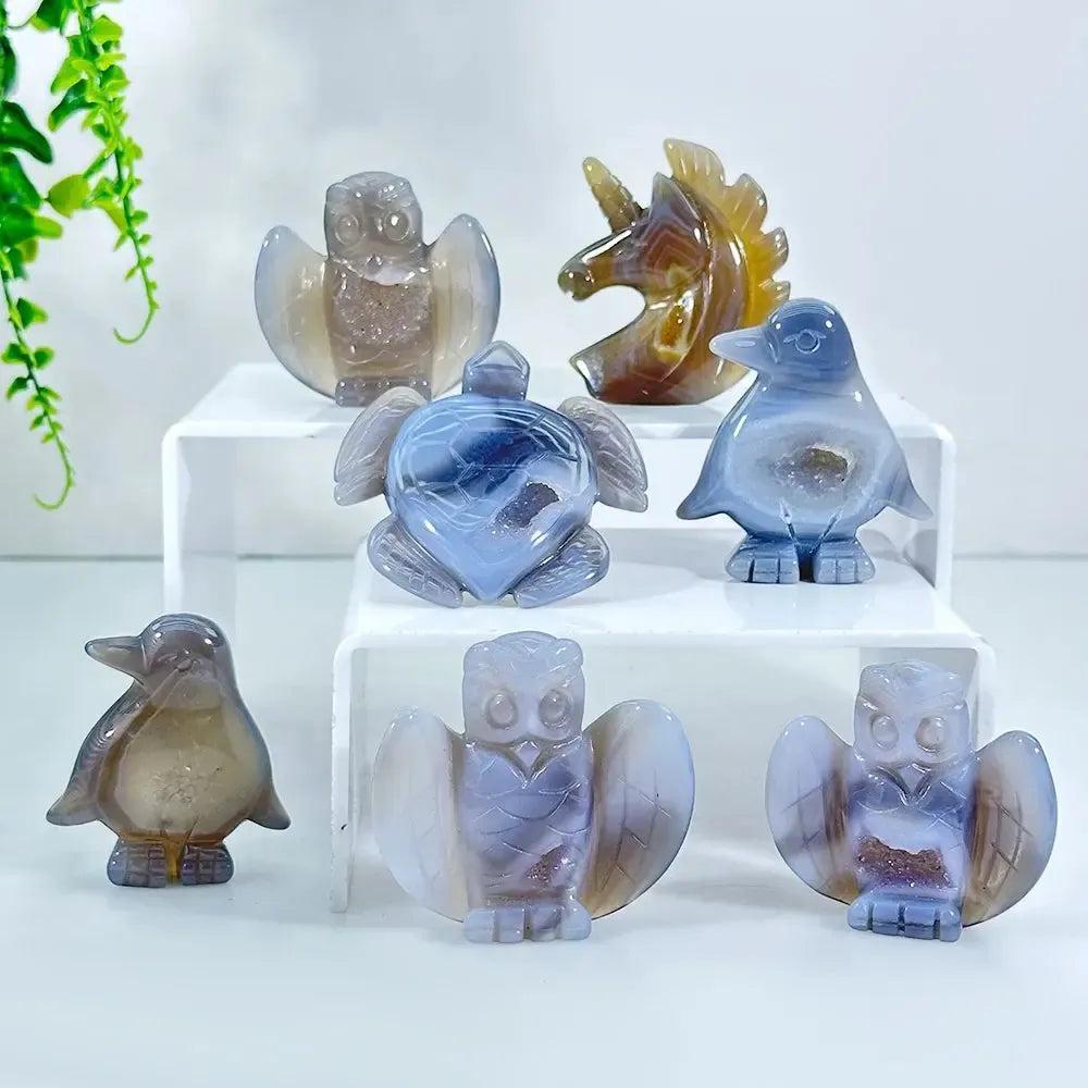 Natural Agate Animal Crystal Carving | Turtle, Penguin, Unicorn & Owl