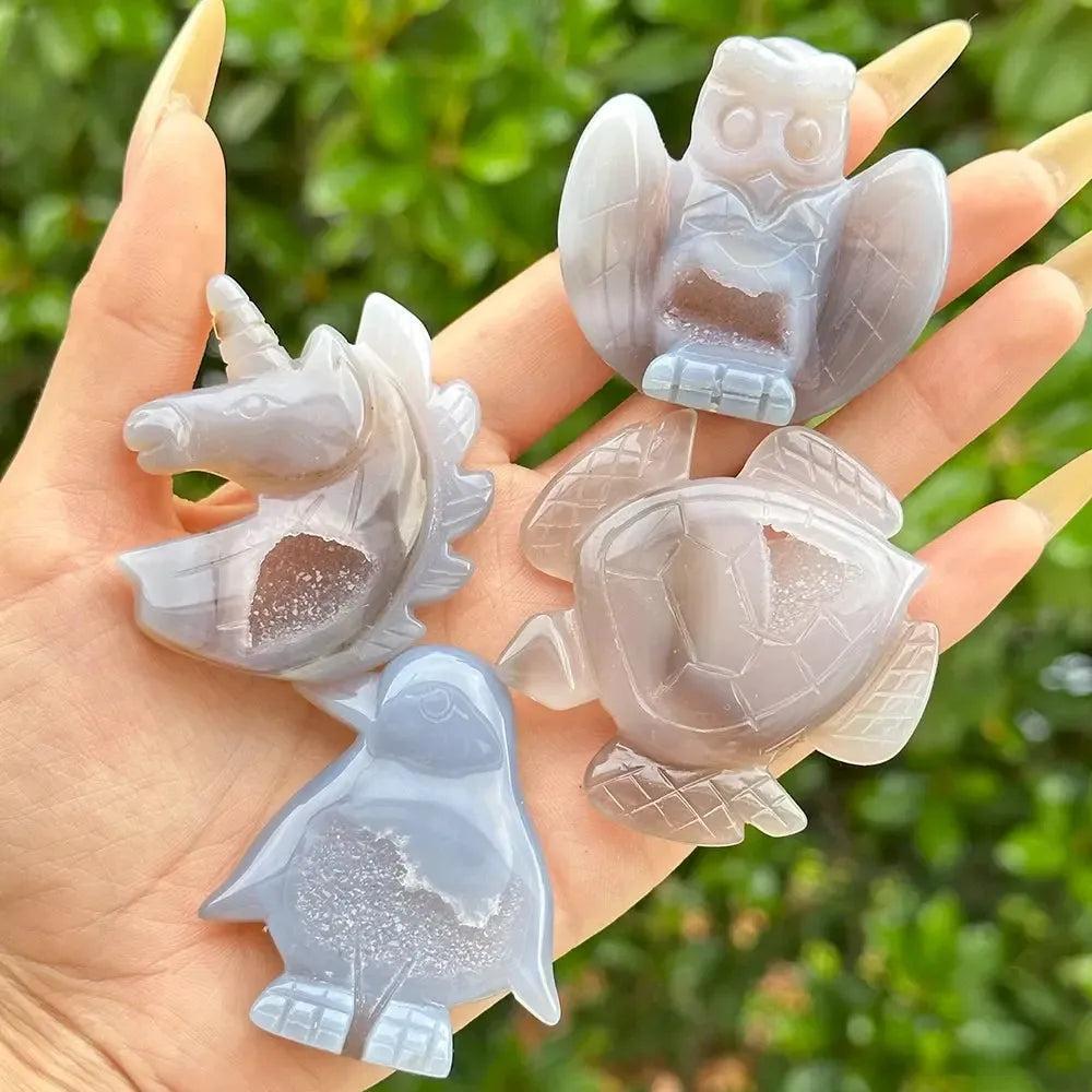 Natural Agate Animal Crystal Carving | Turtle, Penguin, Unicorn & Owl