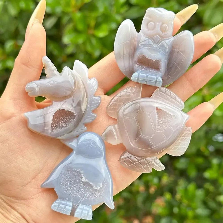 Natural Agate Animal Crystal Carving | Turtle, Penguin, Unicorn & Owl