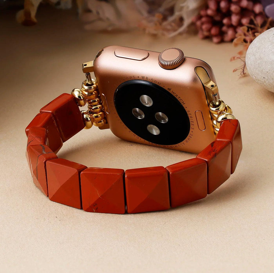 Red Natural Agate Crystal Beaded Stretch Smartwatch Strap for Apple Watch, offering grounding & stability.