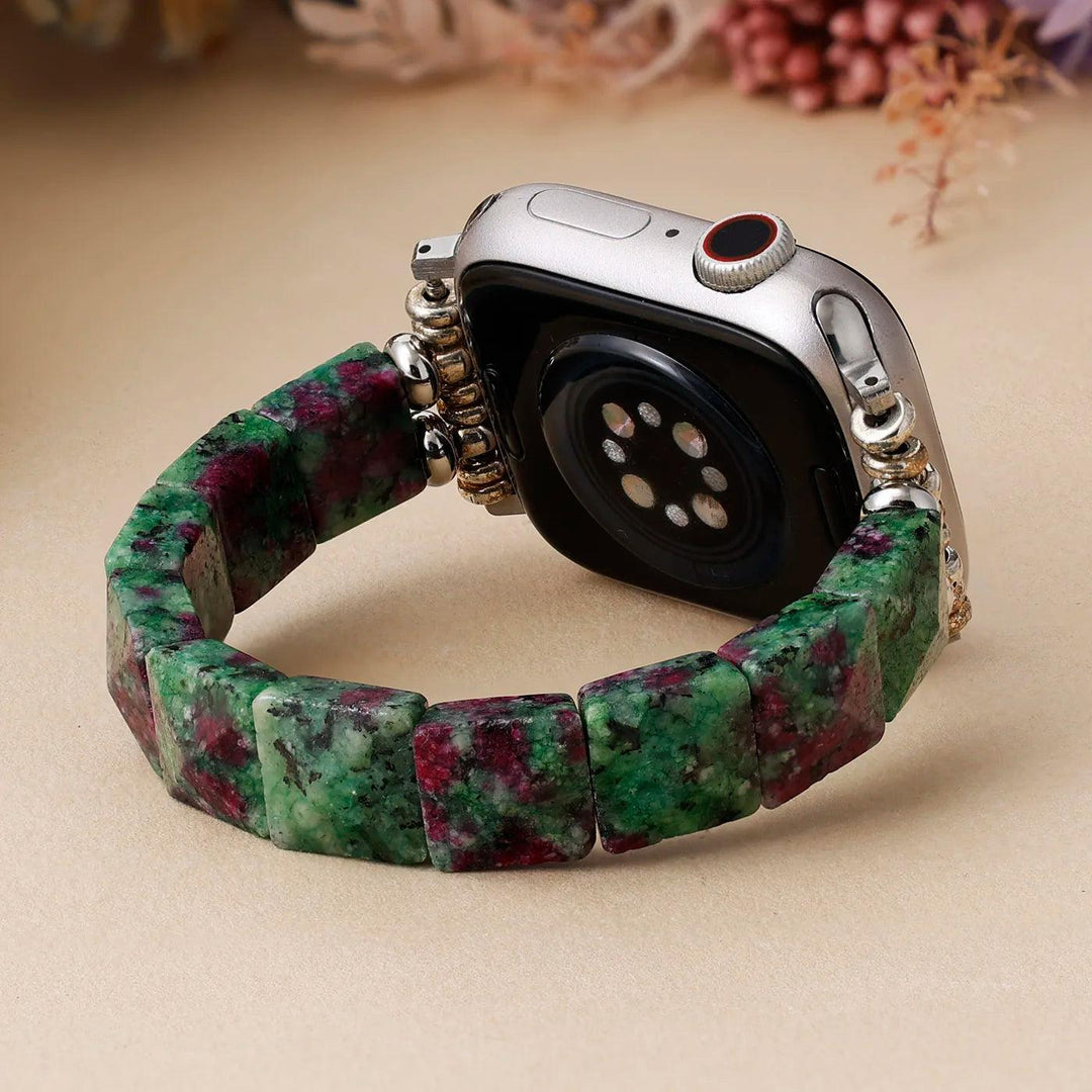 Natural Agate Crystal Beaded Stretch Smartwatch Strap in green and red, offering grounding and healing energy.