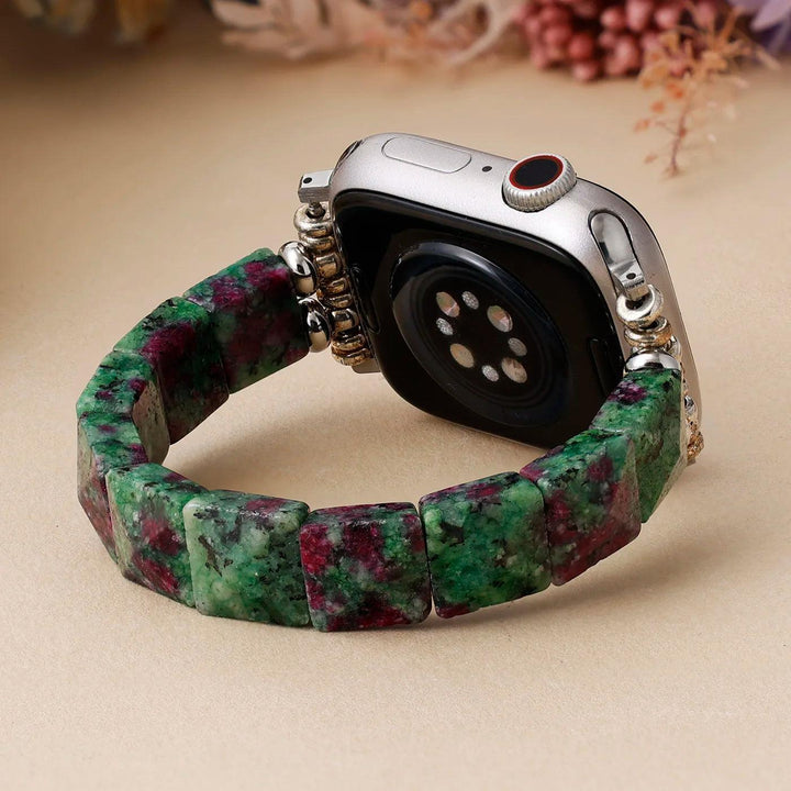 Natural Agate Crystal Beaded Stretch Smartwatch Strap in green and red, offering grounding and healing energy.