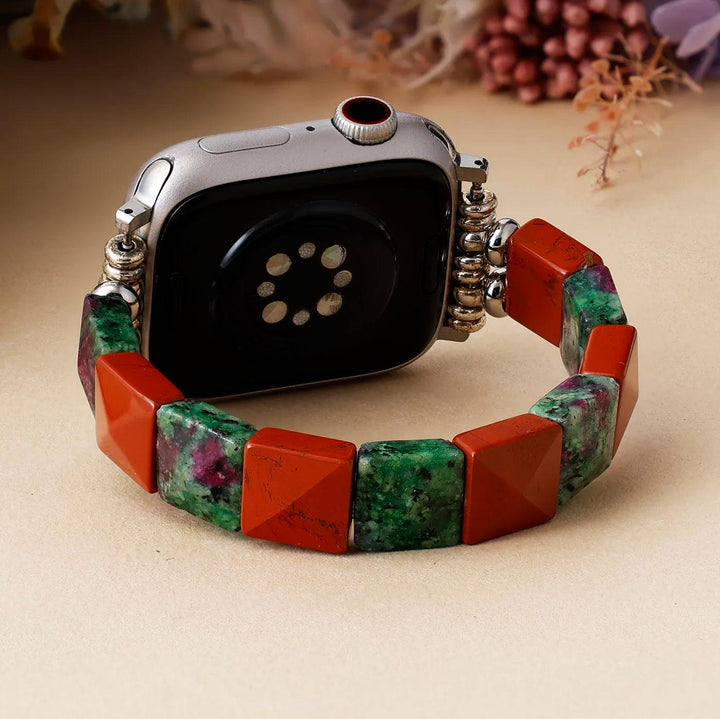Natural Agate Crystal Beaded Stretch Smartwatch Strap with vibrant red and green square beads.