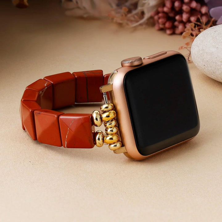 Red Natural Agate Crystal Beaded Stretch Smartwatch Strap for grounding & stability, paired with a rose gold smartwatch.