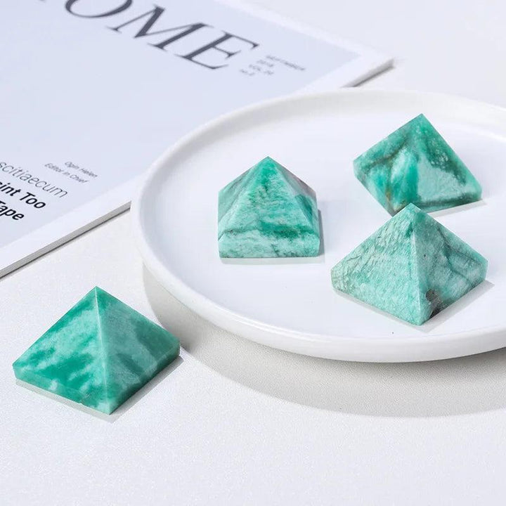 Natural Amazonite Crystal Pyramids for Healing and Calm, featuring soft blue-green hues and unique natural variations.