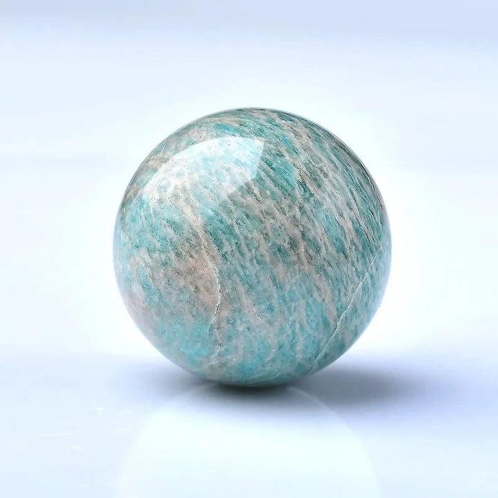 Natural Amazonite Crystal Sphere, a polished healing ball with calming sky blue and soft mineral patterns.