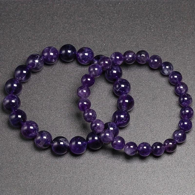 Natural Amethyst Beaded Bracelets with deep violet round beads, 6mm and 10mm, for peace and tranquility.