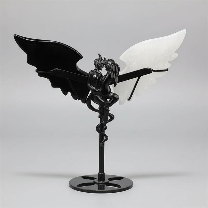 Natural Black Obsidian and Selenite wing demon couple statue on a stand, perfect for healing home decor and unique gifts.