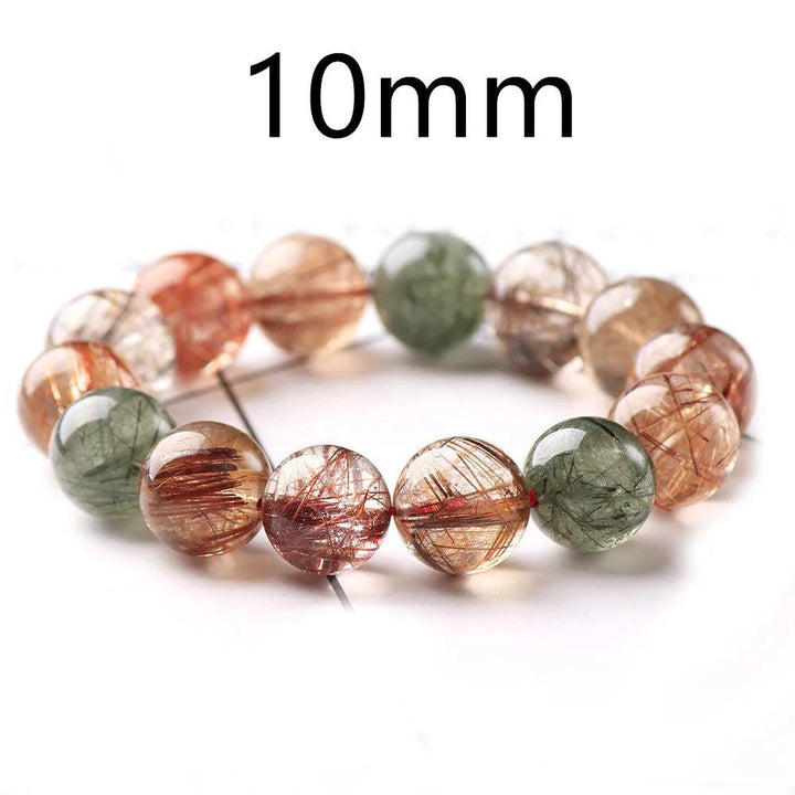Natural Colorful Rutilated Quartz Beads Bracelet, 10mm round beads with red, green, and copper inclusions.