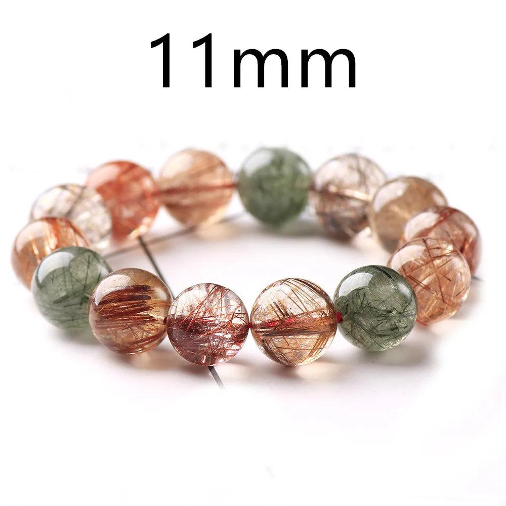 Natural Colorful Rutilated Quartz Beads Bracelet, 11mm round beads with red, green, copper, and clear inclusions.