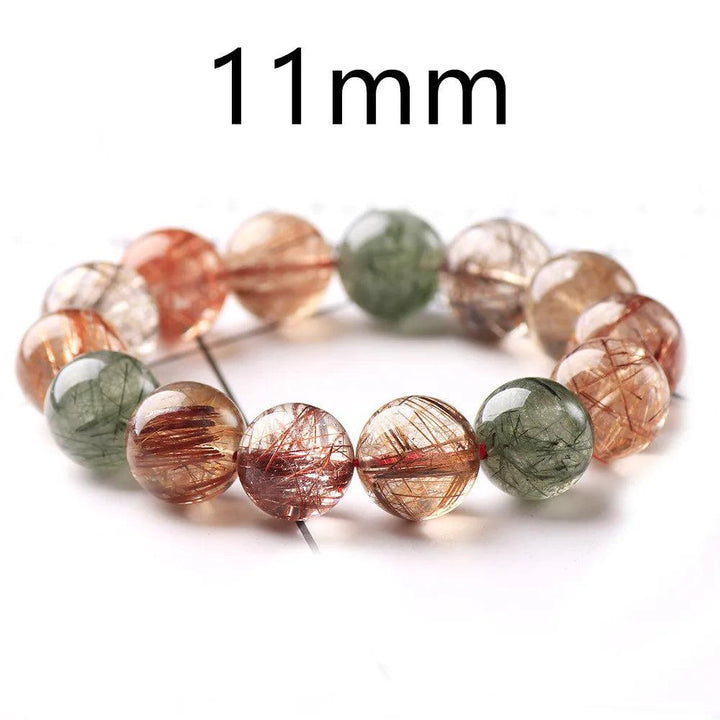 Natural Colorful Rutilated Quartz Beads Bracelet, 11mm round beads with red, green, copper, and clear inclusions.