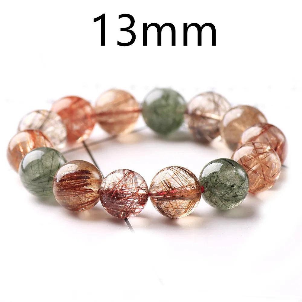 Natural Colorful Rutilated Quartz Beads Bracelet, 13mm round beads with red, green, copper, and clear inclusions.
