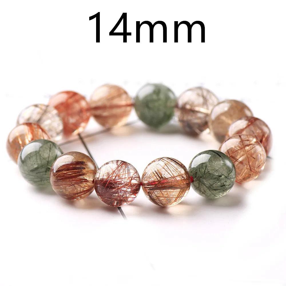 Natural Colorful Rutilated Quartz Beads Bracelet, 14mm round beads with red, green, copper, clear inclusions.